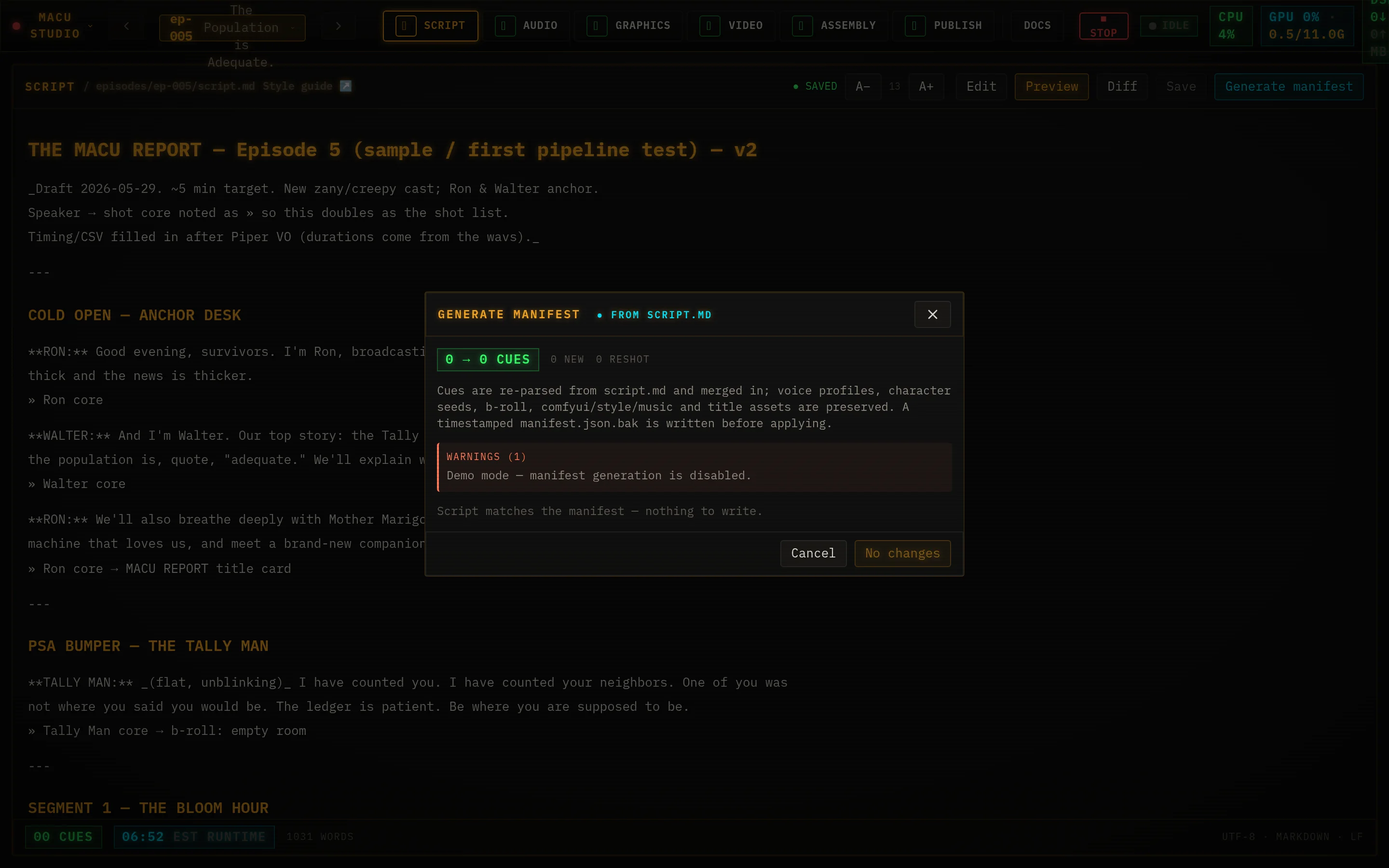 Generate manifest dialog