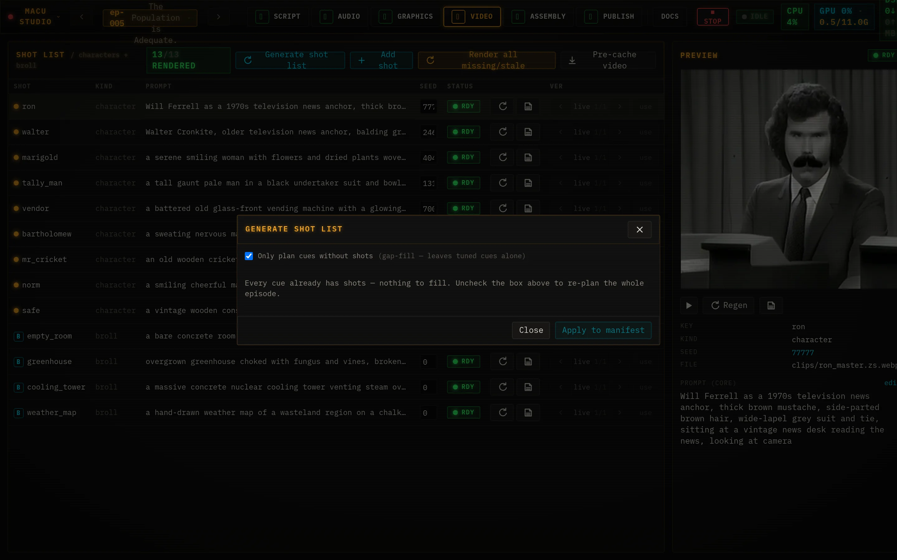 Generate shot list modal