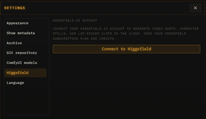 Higgsfield account panel before connecting