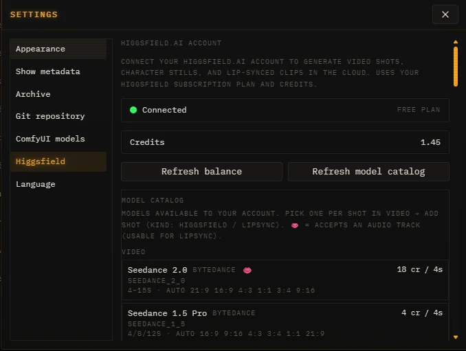 Connected Higgsfield panel showing credits and the model catalog